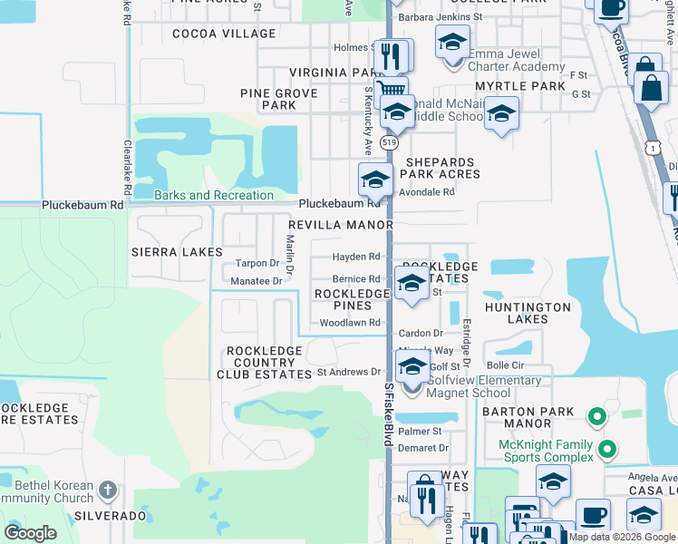 map of restaurants, bars, coffee shops, grocery stores, and more near 1036 Bernice Road in Rockledge