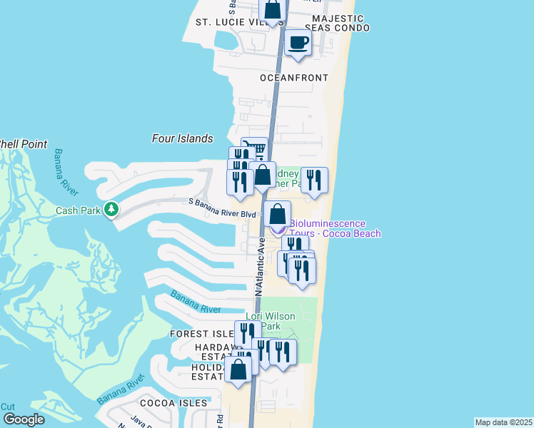 map of restaurants, bars, coffee shops, grocery stores, and more near 1775 North Atlantic Avenue in Cocoa Beach