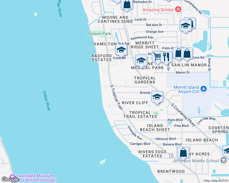 map of restaurants, bars, coffee shops, grocery stores, and more near 8 Brandy Lane in Merritt Island