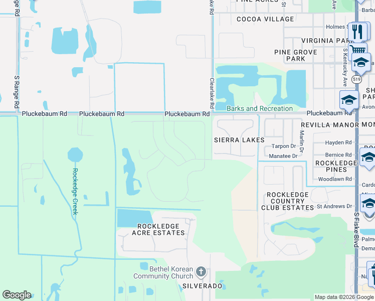 map of restaurants, bars, coffee shops, grocery stores, and more near 1561 Scout Drive in Rockledge