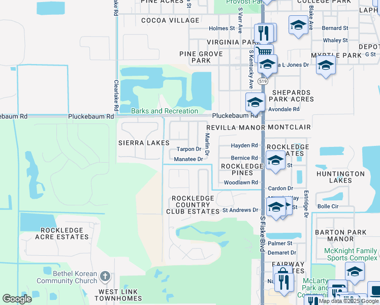 map of restaurants, bars, coffee shops, grocery stores, and more near 1118 Manatee Drive in Rockledge