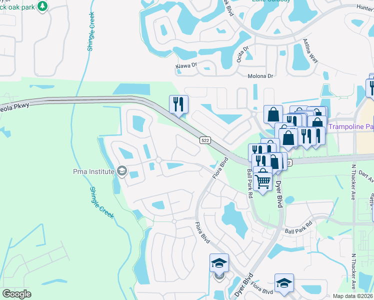 map of restaurants, bars, coffee shops, grocery stores, and more near 3258 River Branch Circle in Kissimmee