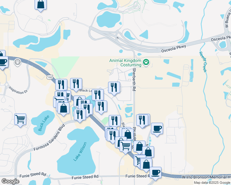 map of restaurants, bars, coffee shops, grocery stores, and more near 7666 Amazonas Street in Kissimmee
