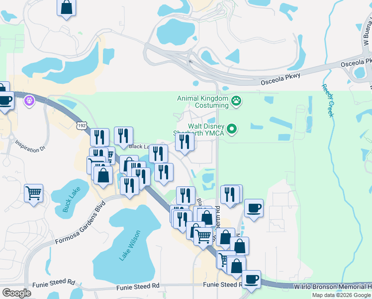 map of restaurants, bars, coffee shops, grocery stores, and more near 7666 Amazonas Street in Kissimmee