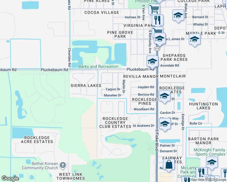 map of restaurants, bars, coffee shops, grocery stores, and more near 1118 Manatee Drive in Rockledge