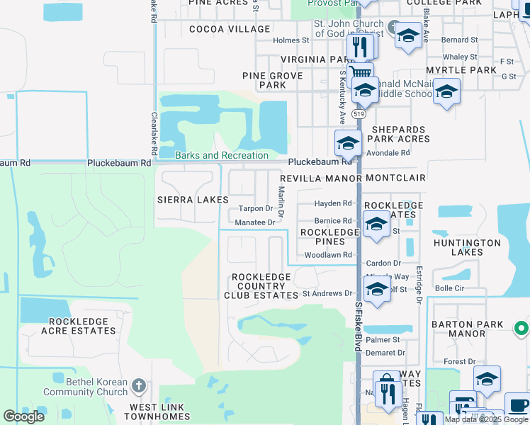 map of restaurants, bars, coffee shops, grocery stores, and more near 1118 Manatee Drive in Rockledge