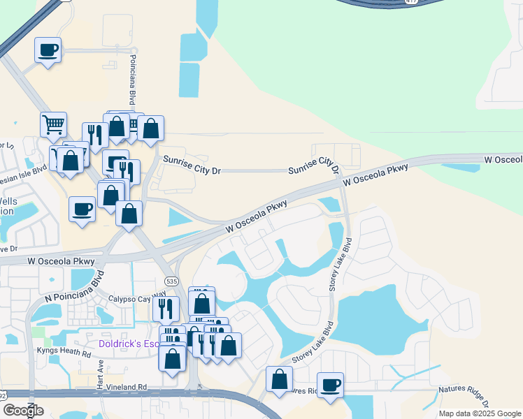 map of restaurants, bars, coffee shops, grocery stores, and more near 4139 West Osceola Parkway in Kissimmee
