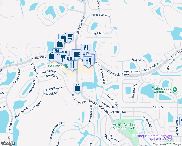 map of restaurants, bars, coffee shops, grocery stores, and more near 74 Lakepointe Circle in Kissimmee