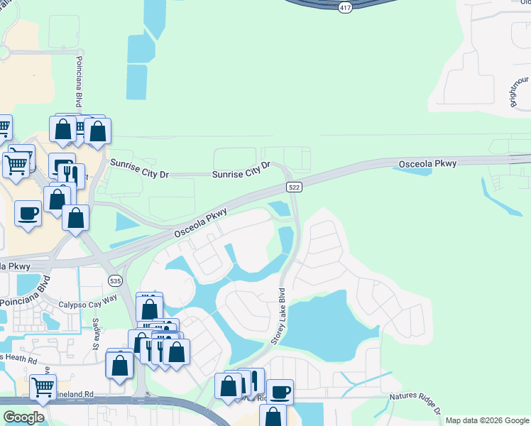 map of restaurants, bars, coffee shops, grocery stores, and more near Clock Tower Drive in Kissimmee