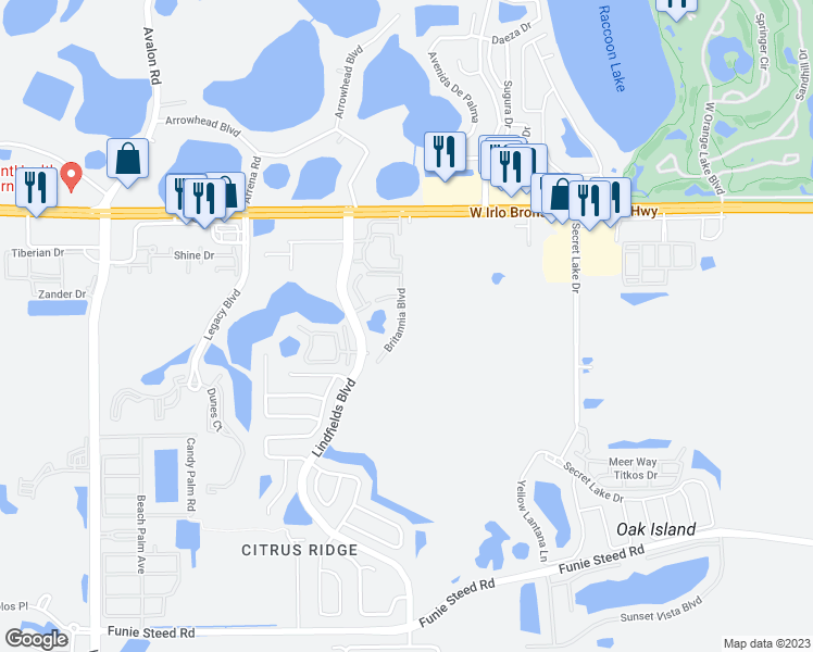 map of restaurants, bars, coffee shops, grocery stores, and more near 3141 Britannia Boulevard in Kissimmee