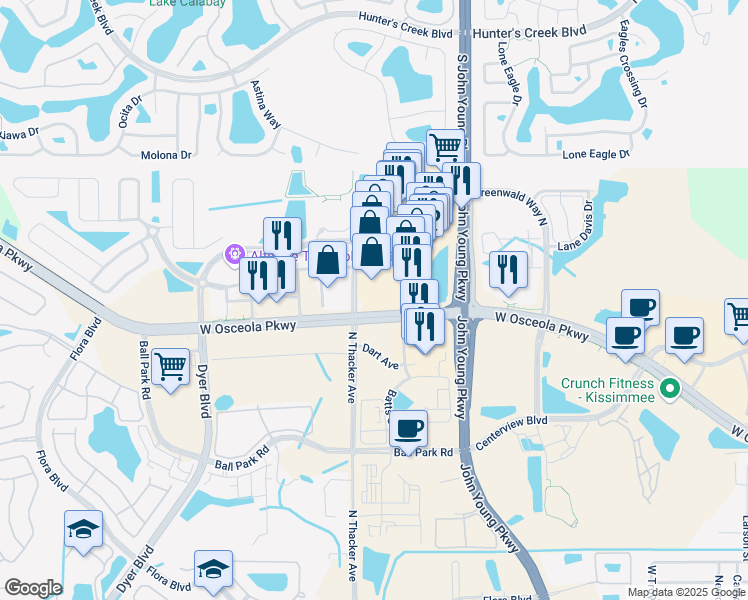 map of restaurants, bars, coffee shops, grocery stores, and more near 3200 North John Young Parkway in Kissimmee