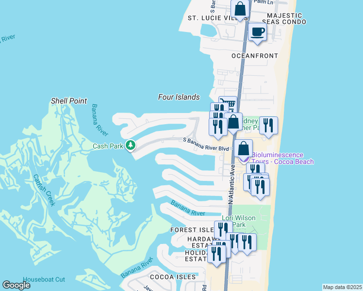 map of restaurants, bars, coffee shops, grocery stores, and more near 3 South Banana River Boulevard in Cocoa Beach