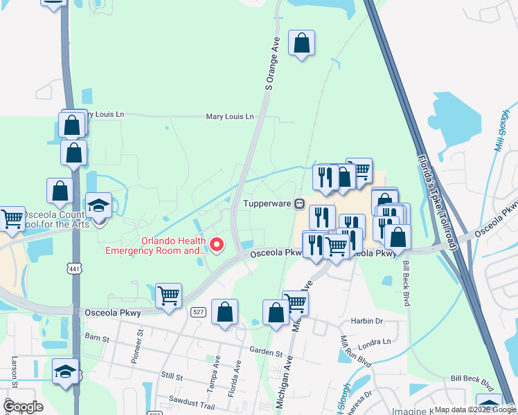map of restaurants, bars, coffee shops, grocery stores, and more near 3175 Corporate Center Parkway in Kissimmee