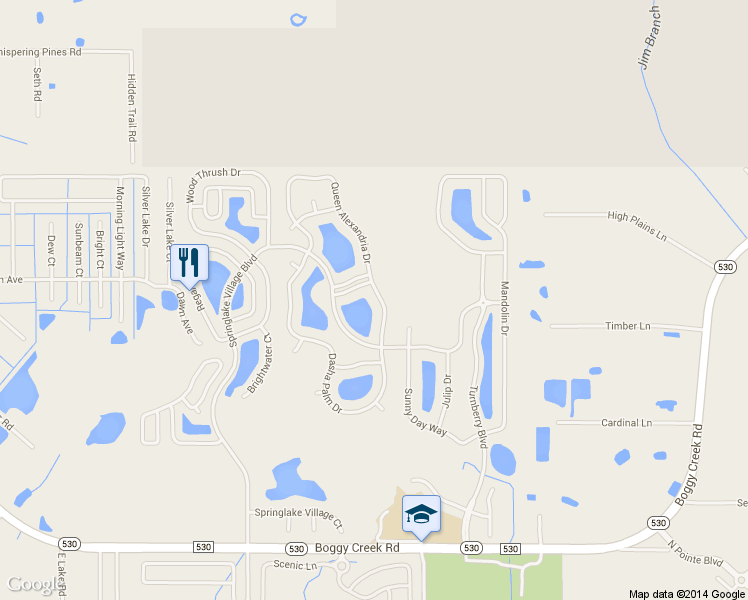 map of restaurants, bars, coffee shops, grocery stores, and more near 3120 Queen Alexandria Drive in Kissimmee