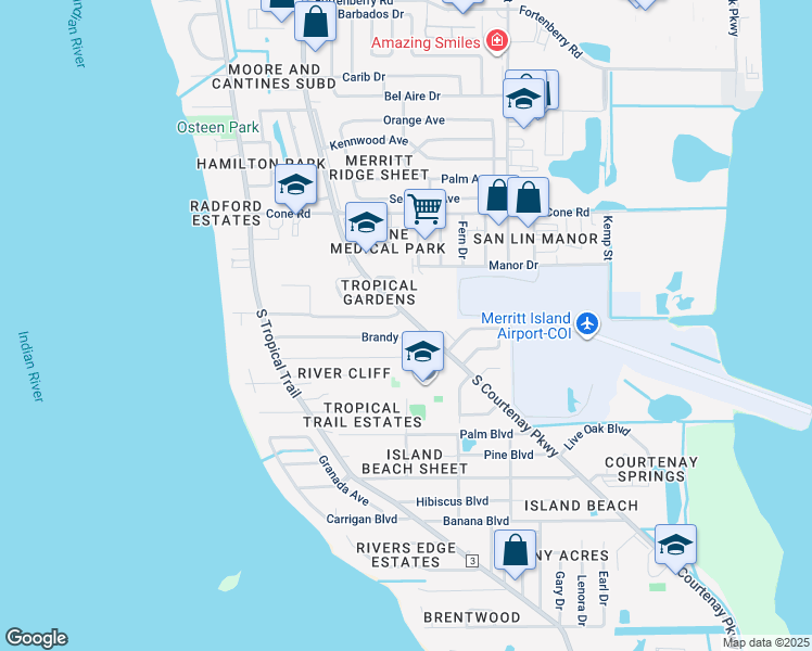 map of restaurants, bars, coffee shops, grocery stores, and more near 845 South Courtenay Parkway in Merritt Island