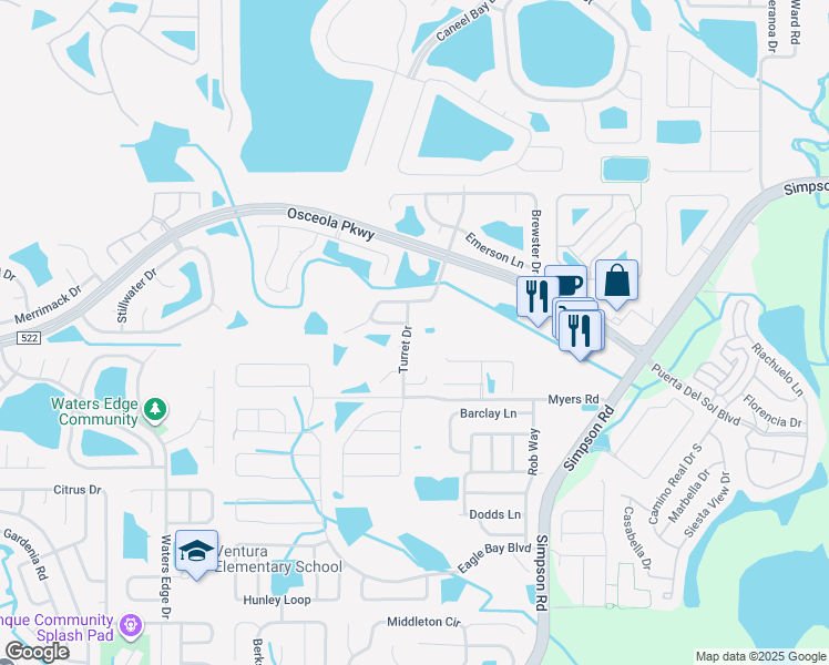 map of restaurants, bars, coffee shops, grocery stores, and more near 3113 Turret Drive in Kissimmee