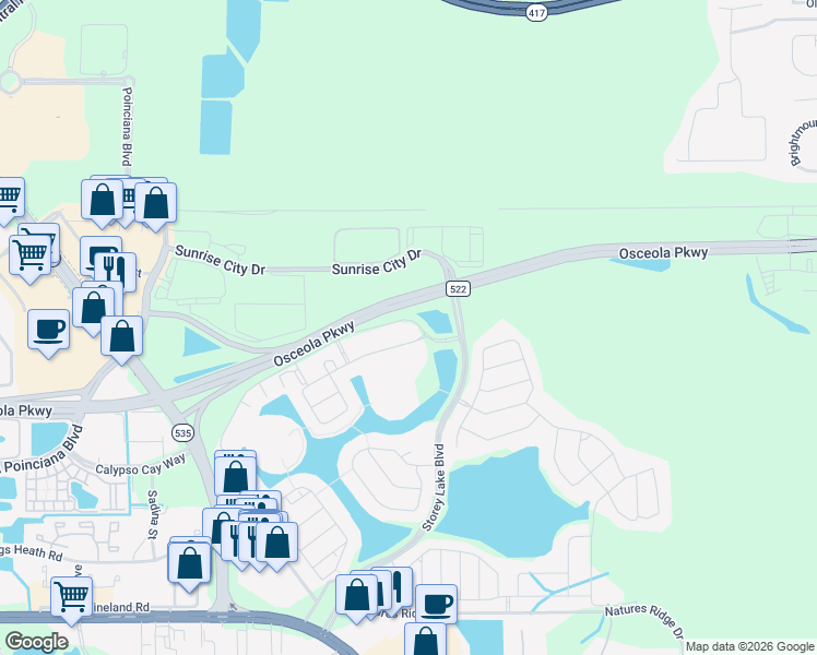 map of restaurants, bars, coffee shops, grocery stores, and more near 4721 Clock Tower Drive in Kissimmee