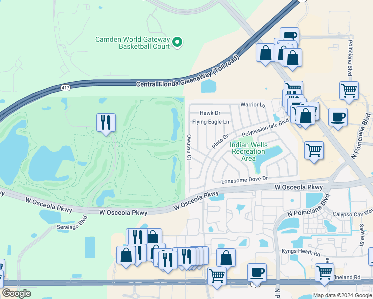 map of restaurants, bars, coffee shops, grocery stores, and more near 3176 Owassa Court in Kissimmee