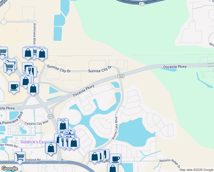 map of restaurants, bars, coffee shops, grocery stores, and more near Clock Tower Drive in Kissimmee