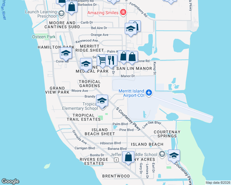 map of restaurants, bars, coffee shops, grocery stores, and more near 290 Mojave Court in Merritt Island