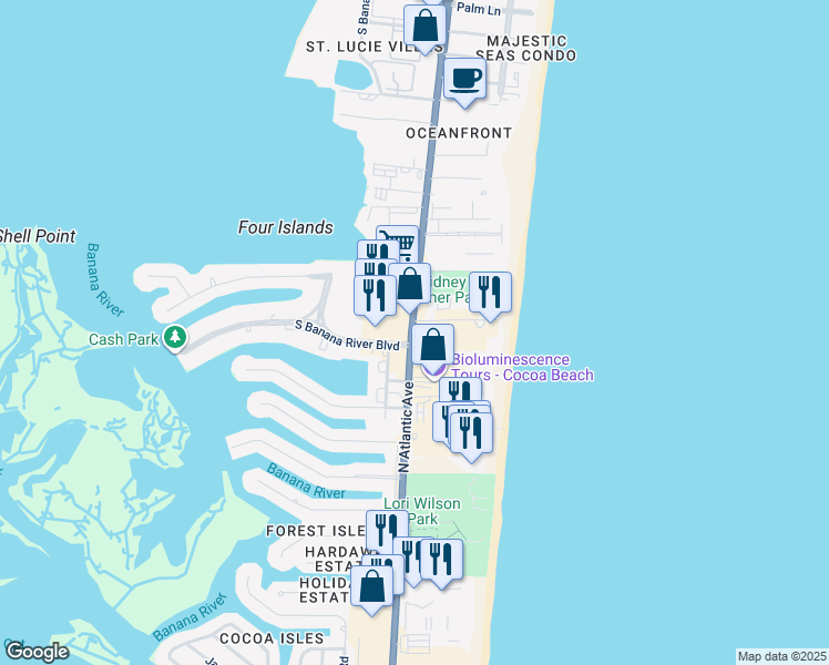 map of restaurants, bars, coffee shops, grocery stores, and more near 1775 North Atlantic Avenue in Cocoa Beach