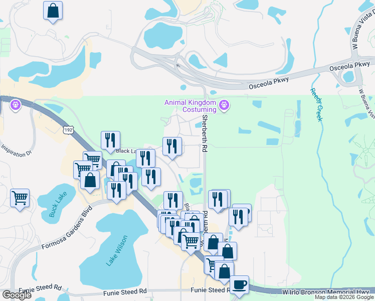 map of restaurants, bars, coffee shops, grocery stores, and more near 3155 Pantanal Lane in Kissimmee
