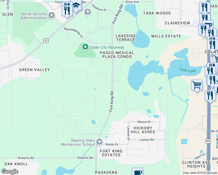 map of restaurants, bars, coffee shops, grocery stores, and more near 12712 Fort King Road in Dade City