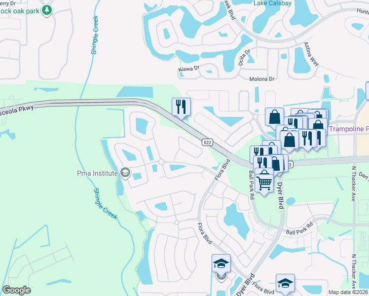 map of restaurants, bars, coffee shops, grocery stores, and more near 3258 River Branch Circle in Kissimmee
