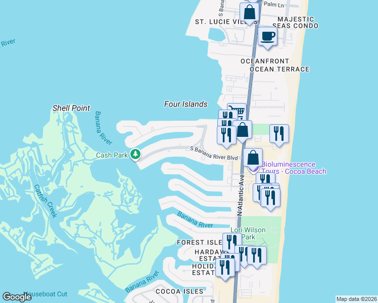map of restaurants, bars, coffee shops, grocery stores, and more near 3 South Banana River Boulevard in Cocoa Beach