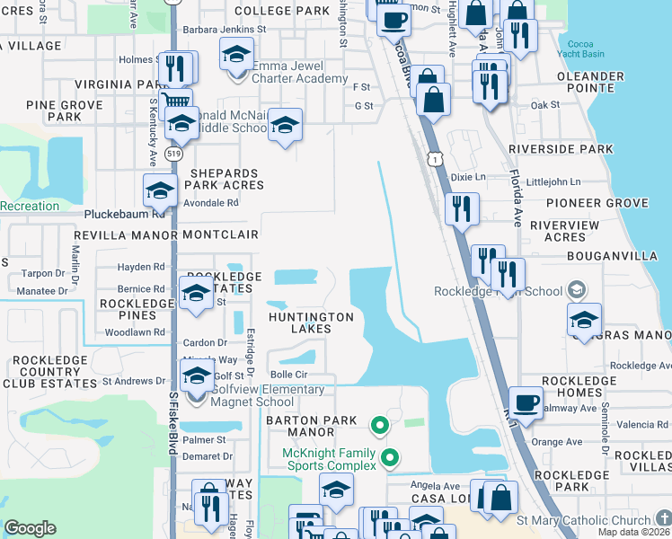 map of restaurants, bars, coffee shops, grocery stores, and more near 930 Bear Lake Drive in Rockledge