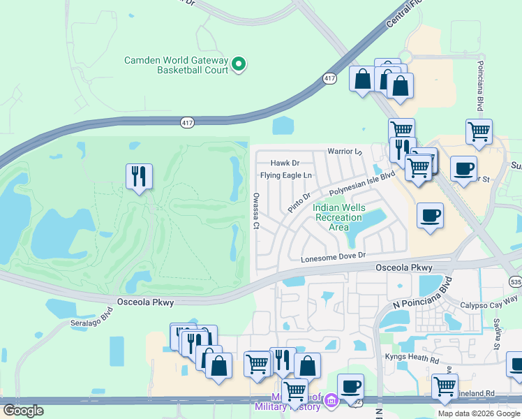 map of restaurants, bars, coffee shops, grocery stores, and more near 5316 Barefoot Path in Kissimmee