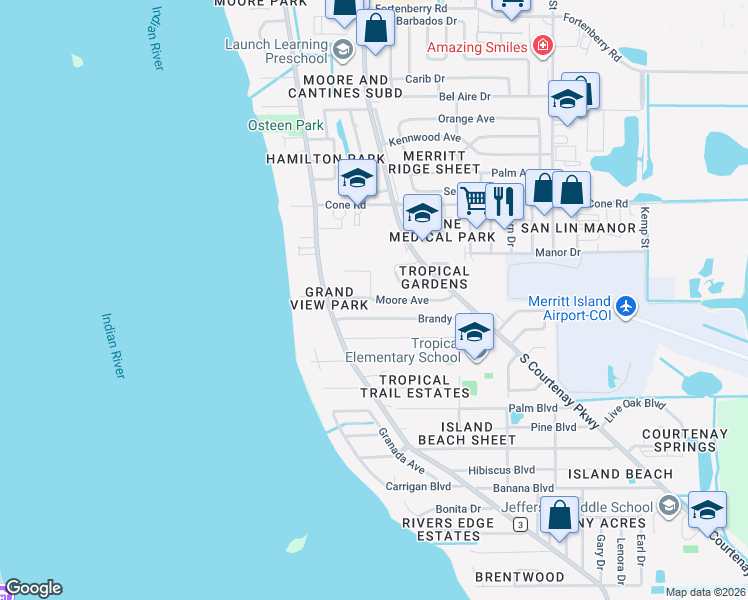 map of restaurants, bars, coffee shops, grocery stores, and more near 100 Moore Avenue in Merritt Island