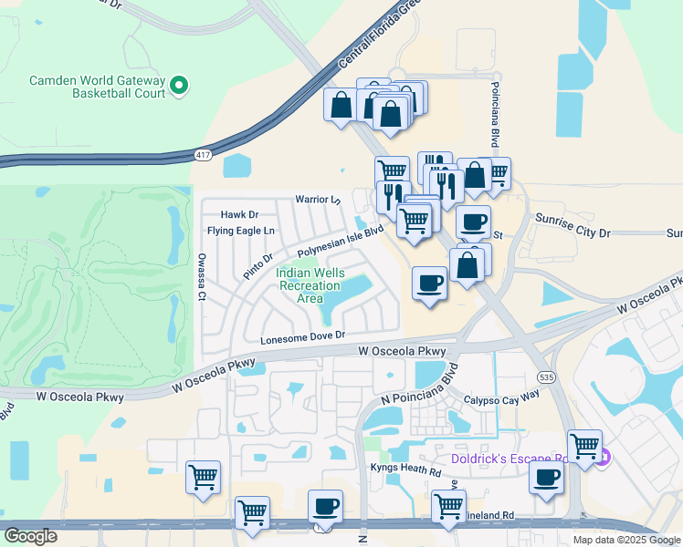 map of restaurants, bars, coffee shops, grocery stores, and more near 3320 Smoke Signal Circle in Kissimmee