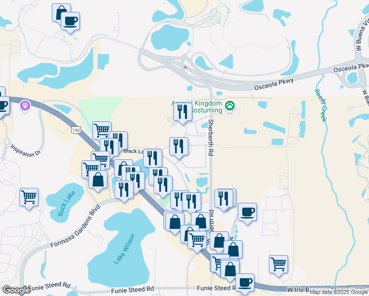 map of restaurants, bars, coffee shops, grocery stores, and more near 7633 Recife Drive in Kissimmee