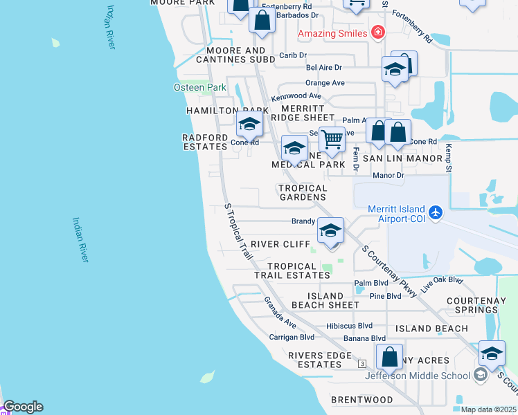 map of restaurants, bars, coffee shops, grocery stores, and more near 151 Moore Avenue in Merritt Island