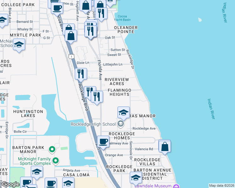 map of restaurants, bars, coffee shops, grocery stores, and more near 113 Dudley Drive in Rockledge