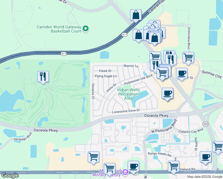 map of restaurants, bars, coffee shops, grocery stores, and more near 3200 Running Deer Path in Kissimmee