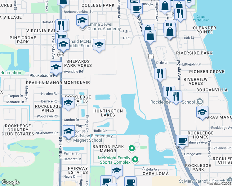 map of restaurants, bars, coffee shops, grocery stores, and more near 930 Bear Lake Drive in Rockledge