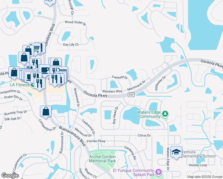 map of restaurants, bars, coffee shops, grocery stores, and more near 3114 Saratoga Drive in Kissimmee