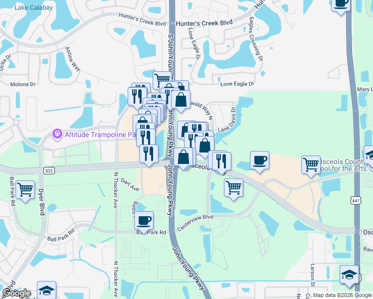 map of restaurants, bars, coffee shops, grocery stores, and more near 1301 West Osceola Parkway in Kissimmee