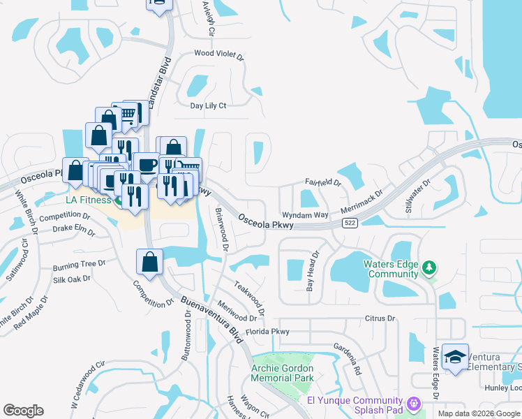 map of restaurants, bars, coffee shops, grocery stores, and more near 166 Sandalwood Drive in Kissimmee
