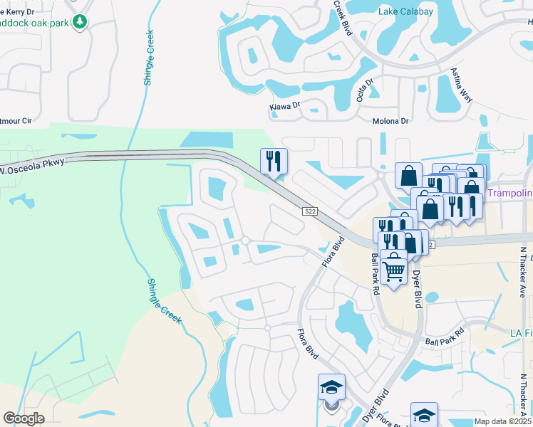 map of restaurants, bars, coffee shops, grocery stores, and more near 3160 River Branch Circle in Kissimmee