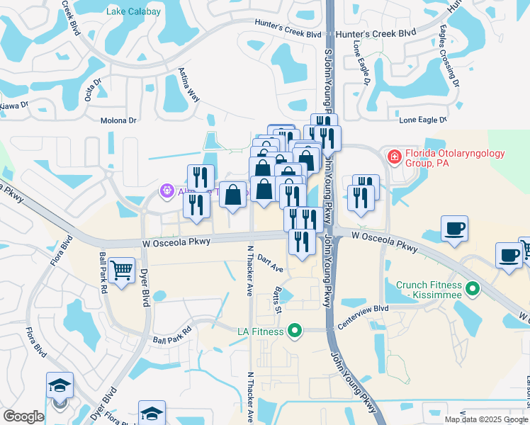 map of restaurants, bars, coffee shops, grocery stores, and more near 3200 North John Young Parkway in Kissimmee