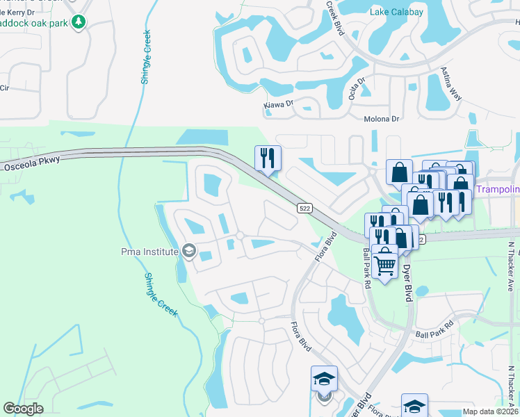 map of restaurants, bars, coffee shops, grocery stores, and more near 3160 River Branch Circle in Kissimmee