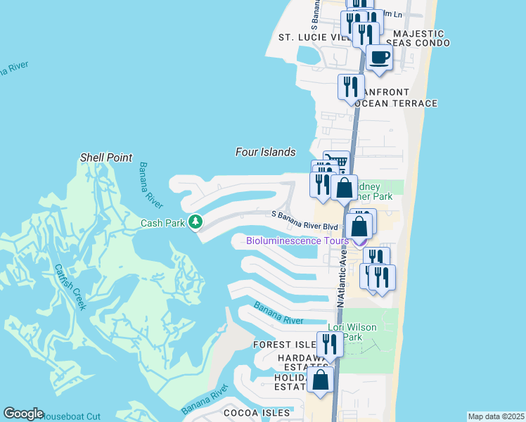 map of restaurants, bars, coffee shops, grocery stores, and more near 326 South Banana River Boulevard in Cocoa Beach