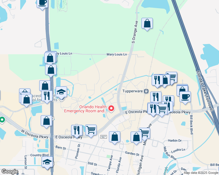 map of restaurants, bars, coffee shops, grocery stores, and more near 1245 Pacifica Drive in Kissimmee