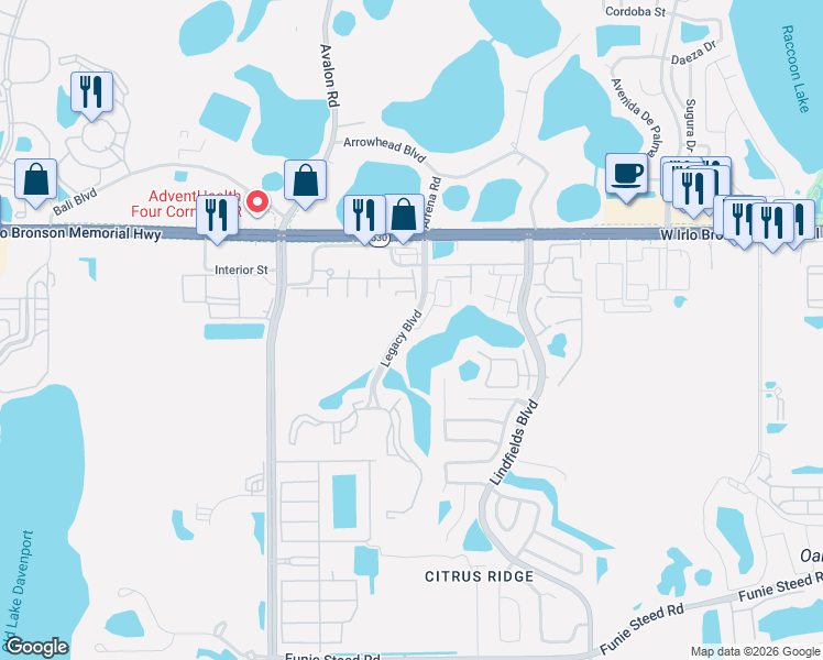 map of restaurants, bars, coffee shops, grocery stores, and more near 3212 Cupid Place in Kissimmee