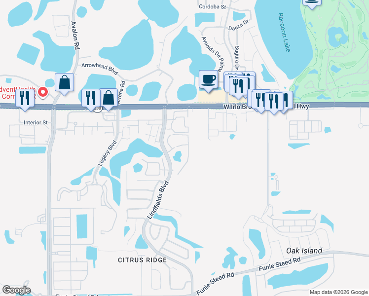 map of restaurants, bars, coffee shops, grocery stores, and more near 8713 Rockingham Terrace in Kissimmee