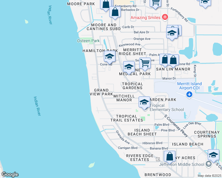 map of restaurants, bars, coffee shops, grocery stores, and more near 765a Sara Jane Lane in Merritt Island