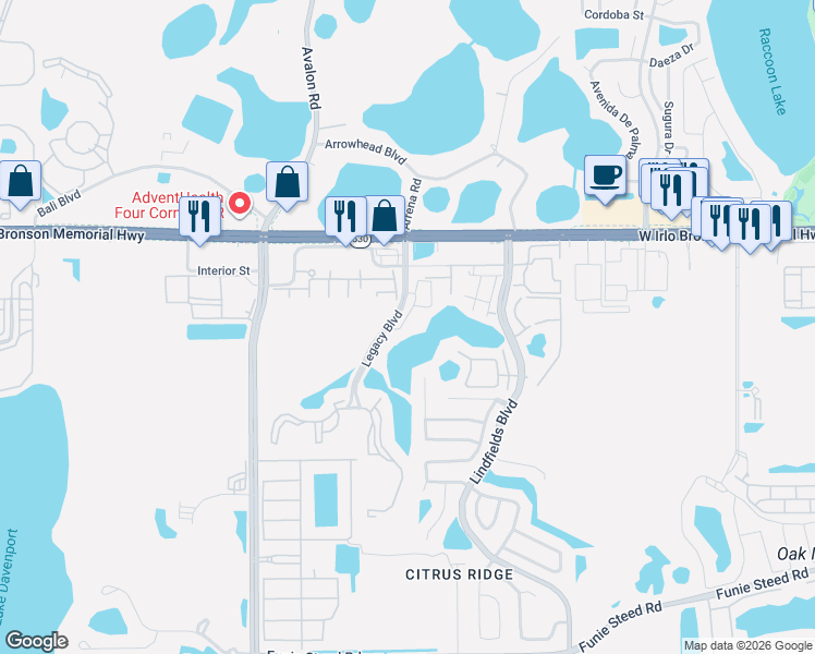 map of restaurants, bars, coffee shops, grocery stores, and more near 3200 Legacy Boulevard in Kissimmee